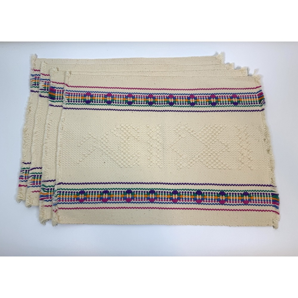 Set Of 4 Hand-woven Fringed Placemats Mexican Telar Geometric Texture Cotton